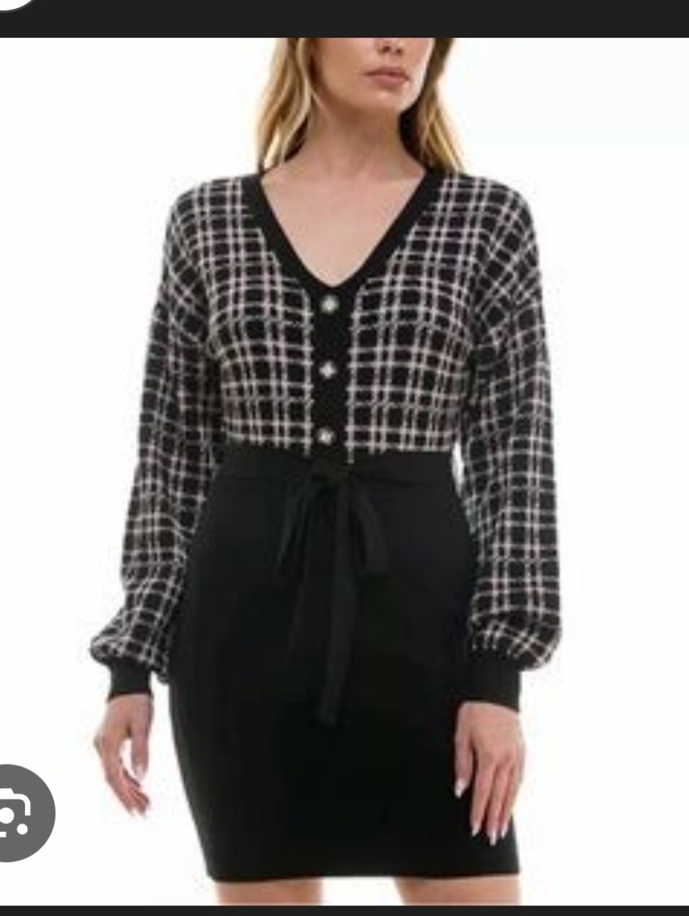 BCX Sweater Dress Small Black Cream Plaid Tie Waist Long Sleeve Button